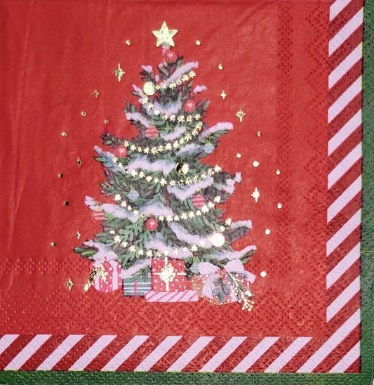 2 Individual Paper Cocktail Decoupage Napkins - 2220 Foil Tree Candy Cane Border