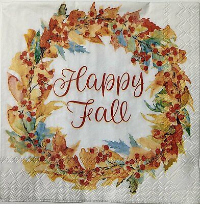 TWO Individual Paper Cocktail Decoupage Napkins - 1577 Fall Watercolor Wreath