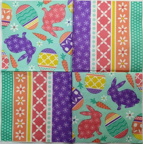 TWO Individual Paper Lunch Decoupage Napkins -Easter Stripes Bunnies & Eggs 1172