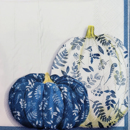 2 Individual Paper Cocktail Decoupage Napkins - 2125 Blue Decorated Pumpkins