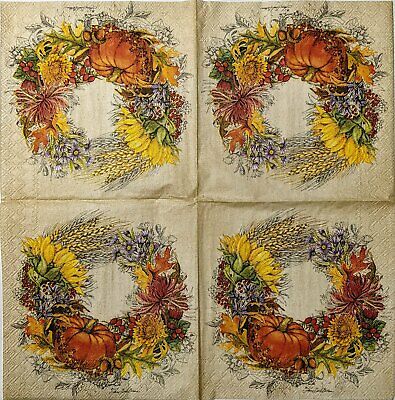 TWO Individual Paper Cocktail Decoupage Napkins - 1576 Beautiful Harvest Wreath