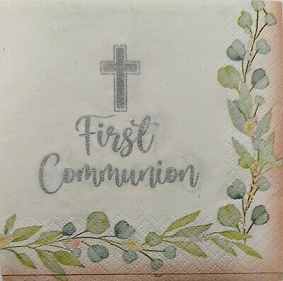 TWO Individual Paper Cocktail Decoupage Napkins - 1918 My First Communion Pink