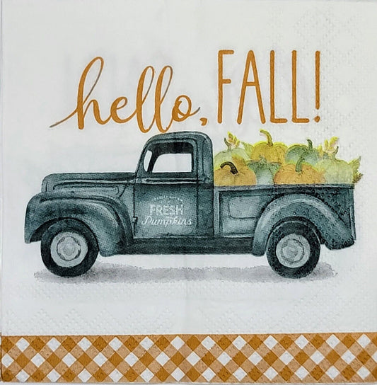 2 Individual Paper Cocktail Decoupage Napkins - 2092 Hello Fall Pumpkin Truck