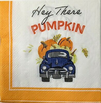 TWO Individual Paper Cocktail Decoupage Napkins - 1562 Hey There Pumpkin Truck