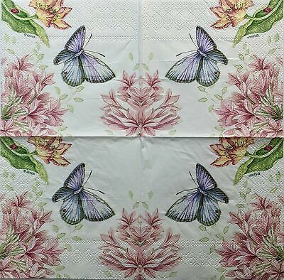 TWO Individual Paper Cocktail Decoupage Napkins - 1424 Butterfly in Pink Meadow