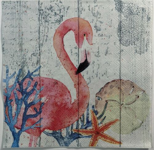 TWO Individual Paper Lunch Decoupage Napkins- Rustic Seaside Flamingo 1323