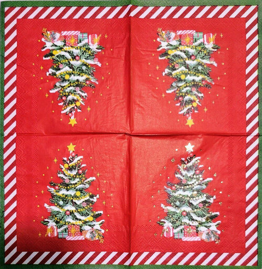 2 Individual Paper Cocktail Decoupage Napkins - 2220 Foil Tree Candy Cane Border