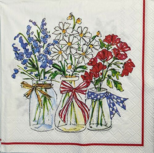 TWO Individual Paper Lunch Decoupage Napkins - Patriotic Floral Vases 1340