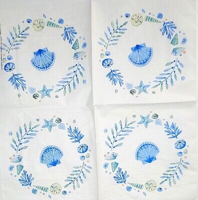 TWO Individual Paper Cocktail Decoupage Napkins - 2034 Blue Shell Wreath