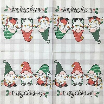 TWO Individual Paper Cocktail Decoupage Napkins - 1675 Christmas Lights Gnomes