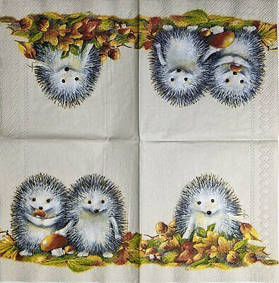 TWO Individual Paper Cocktail Decoupage Napkins - 1594 Fall Hedgehog Friends