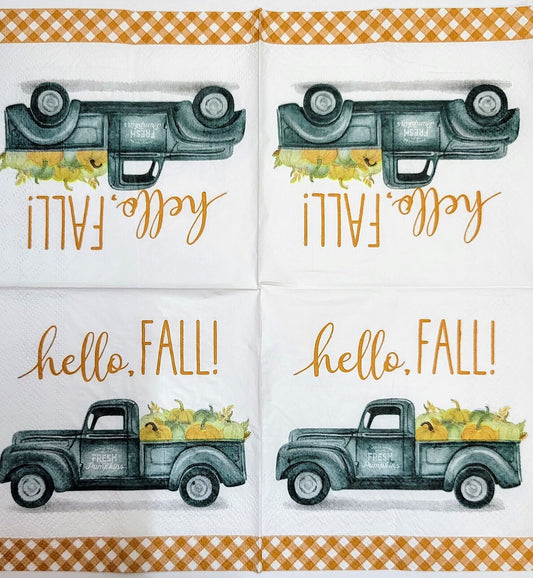 2 Individual Paper Cocktail Decoupage Napkins - 2092 Hello Fall Pumpkin Truck