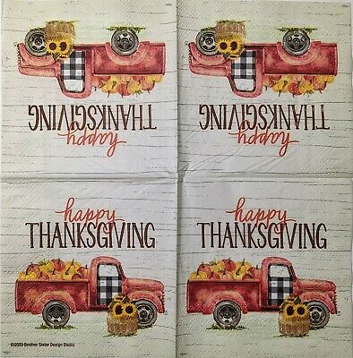 TWO Individual Paper Cocktail Decoupage Napkins - 1564 Thanksgiving Truck