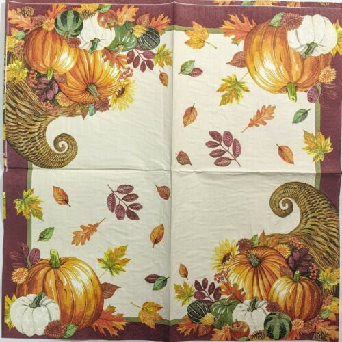 TWO Individual Paper Lunch Decoupage Napkins - Colorful Cornucopia Pumpkins 1211