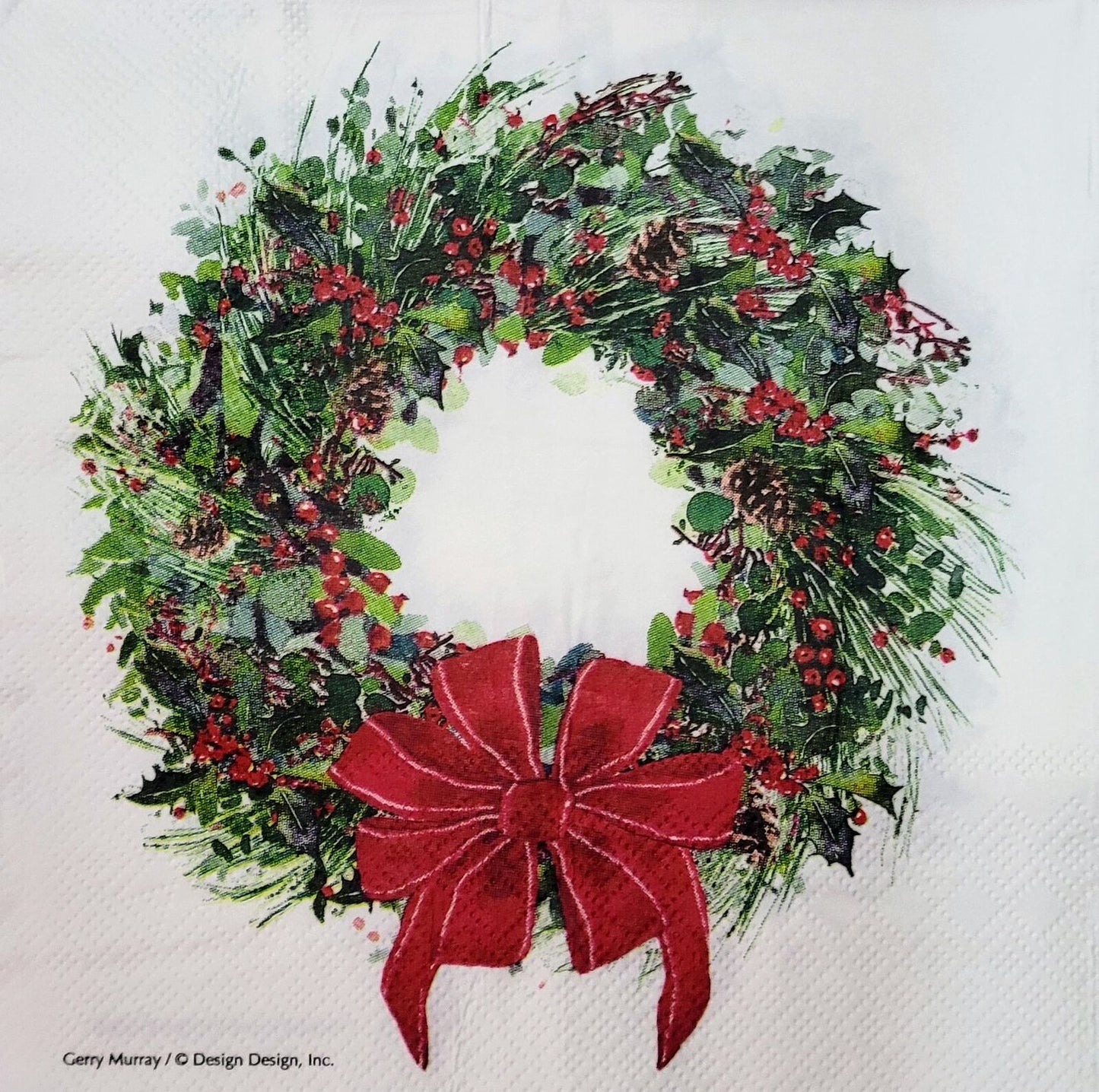 TWO Individual Paper Lunch Decoupage Napkins - 2134 Red Holly Wreath with Bow