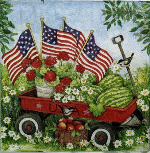 TWO Individual Paper Lunch Decoupage Napkins - Patriotic Wagon w/ Flags 1342