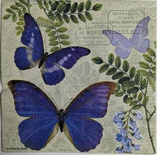 TWO Individual Paper Lunch Decoupage Napkins - Purple / Blue Butterfly 1034
