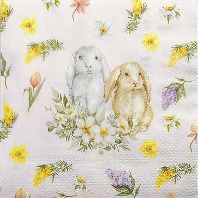 TWO Individual Paper Cocktail Decoupage Napkins - 1938 Floppy Ear Easter Bunnies