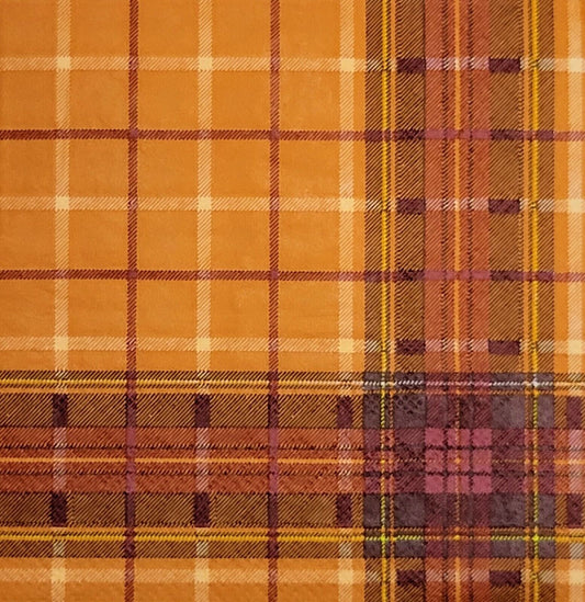 2 Individual Paper Cocktail Decoupage Napkins - 2095 Fall Orange Plaid