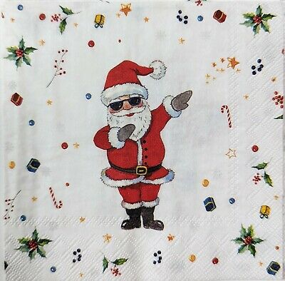 TWO Individual Paper Cocktail Decoupage Napkins - 1699 Holiday Posing Santa