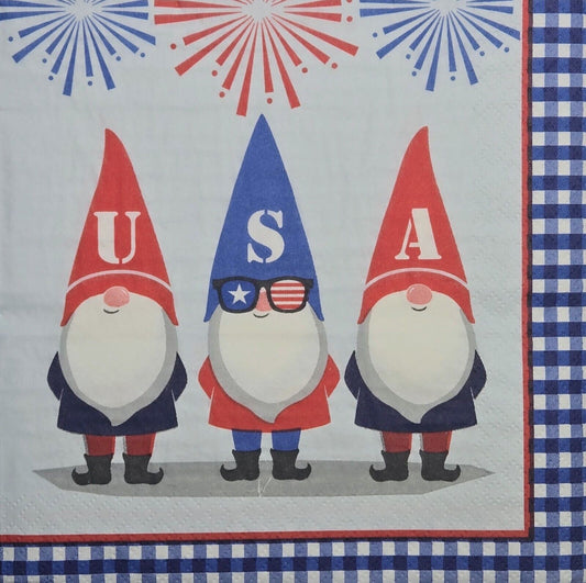 TWO Individual Paper Lunch Decoupage Napkins - 2634 Patriotic USA Gnomes