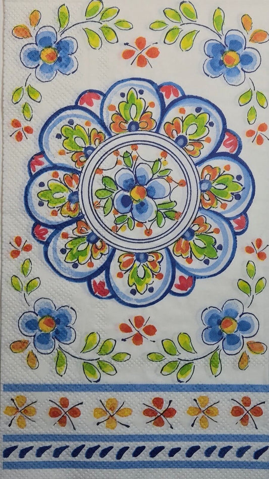 TWO Individual Paper Guest Decoupage Napkins- 2640 Folk Medallion w Green Leaves