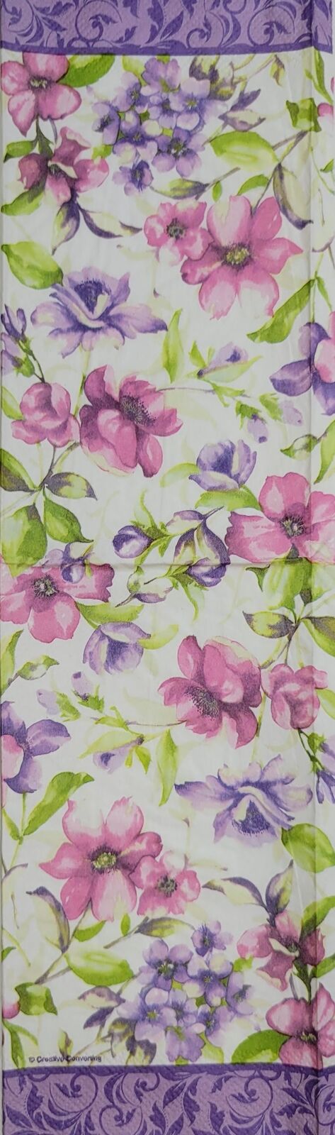 TWO Individual Paper Guest Decoupage Napkins- 2413 Purple Border Floral Blossoms