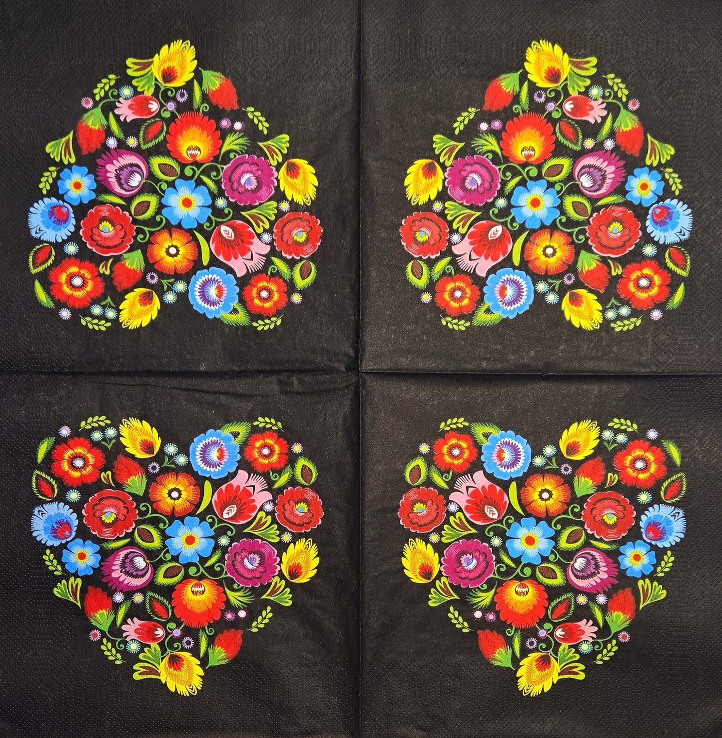 TWO Individual Paper Lunch Decoupage Napkins - 2792 Lowicz Folk Heart on Black