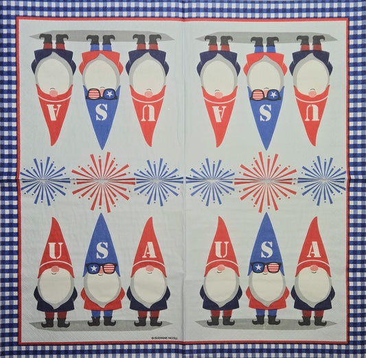 TWO Individual Paper Lunch Decoupage Napkins - 2634 Patriotic USA Gnomes