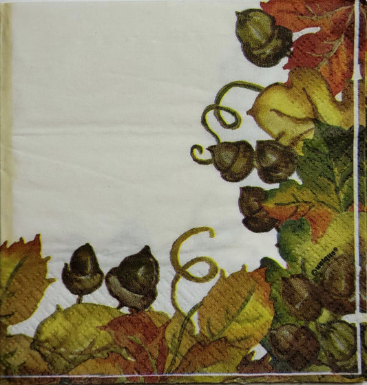 2 Individual Paper Cocktail Decoupage Napkins - 2492 Acorns & Leafy Vines