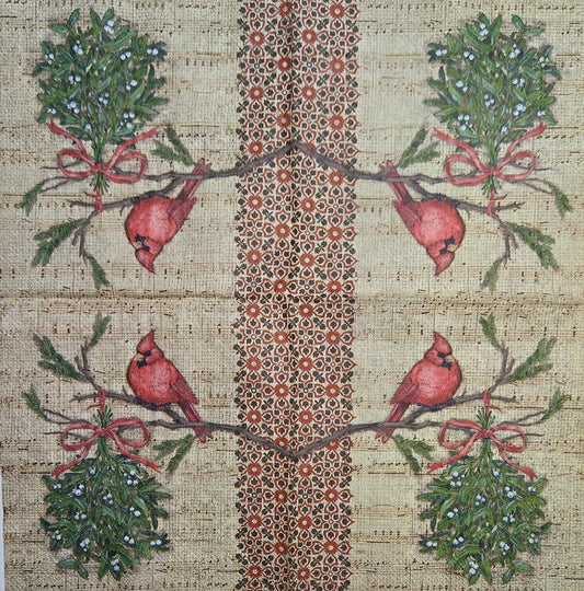 TWO Individual Paper Cocktail Decoupage Napkins - 2576 Burlap Christmas Cardinal