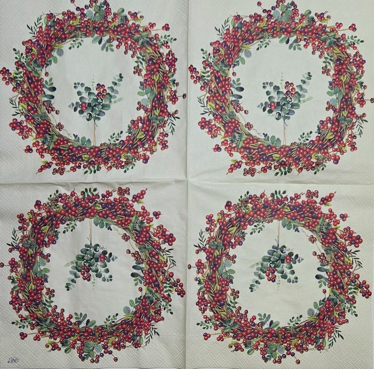 TWO Individual Paper Cocktail Decoupage Napkins- 2579 Red Berry Wreath