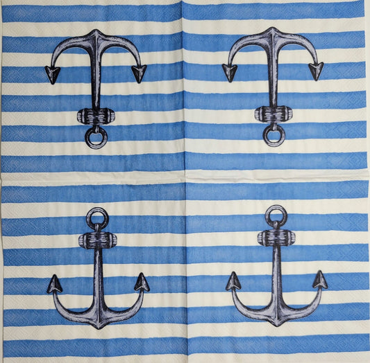 TWO Individual Paper Lunch Decoupage Napkins - 2375 Sailor's Anchor Blue Stripes