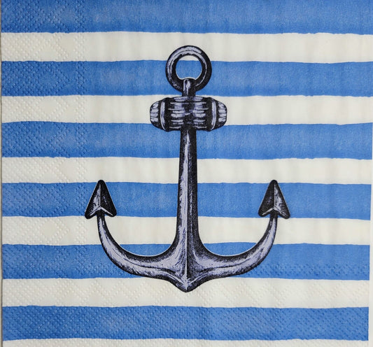 TWO Individual Paper Lunch Decoupage Napkins - 2375 Sailor's Anchor Blue Stripes