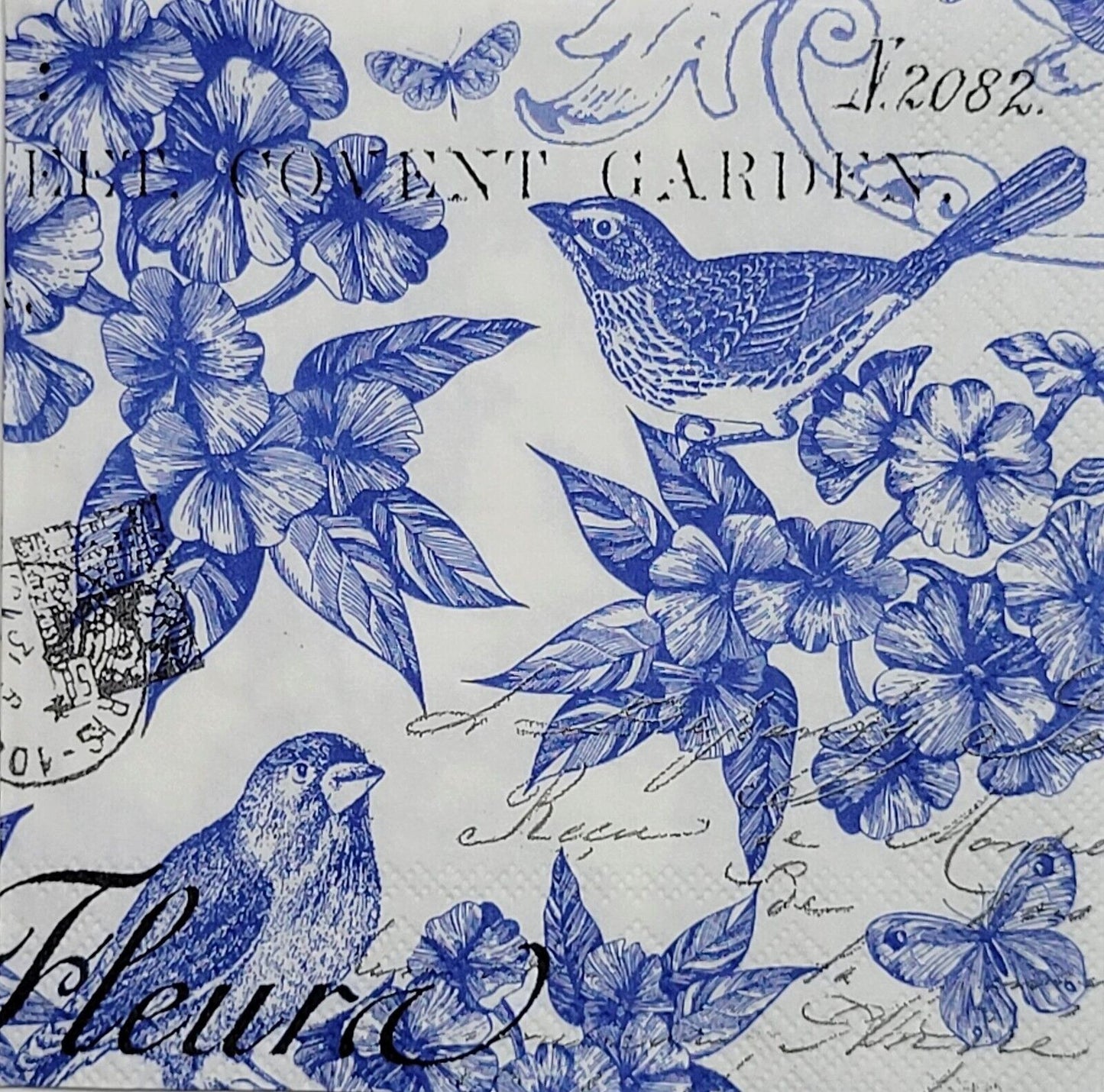 TWO Individual Paper Cocktail Decoupage Napkins - 2443 Blue Indigo Cotton Birds