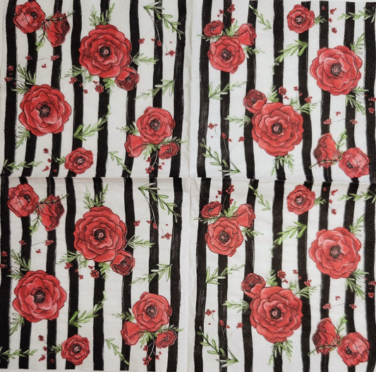 TWO Individual Paper Cocktail Decoupage Napkins - 2397 Red Peonies & Stripes