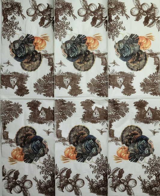 TWO Individual Paper Guest Decoupage Napkins - 2504 Brown Harvest Turkey on Farm