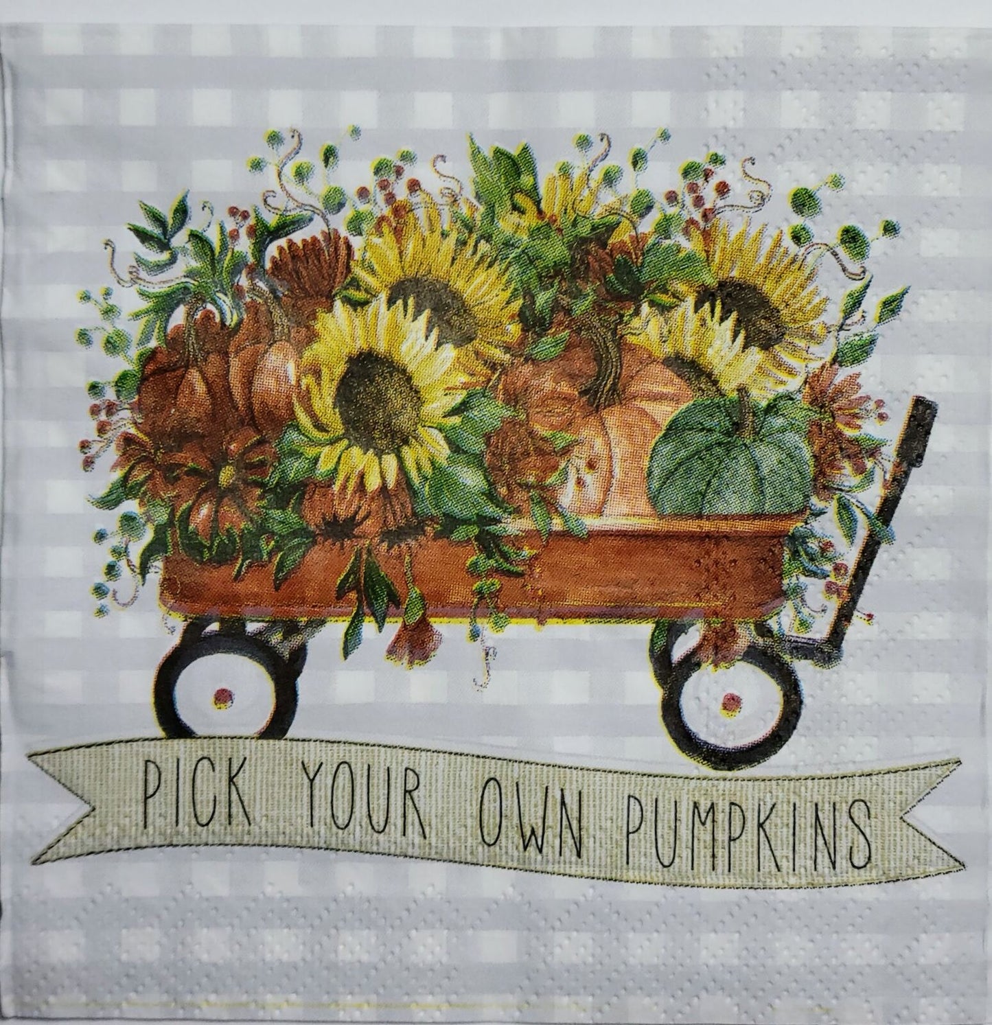 Two Individual Paper Cocktail Decoupage Napkins - 2497 Pumpkin Floral Wagon