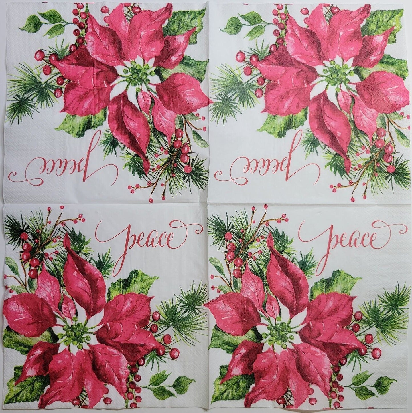 TWO Individual Paper Lunch Decoupage Napkins - 2512 Poinsettia Peace