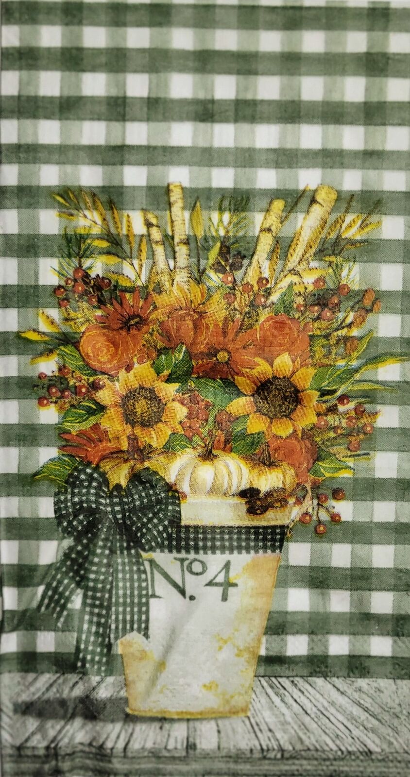 TWO Individual Paper Guest Decoupage Napkins - 2503 Green Check Fall Flower Pot