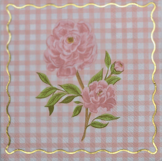 TWO Individual Paper Cocktail Decoupage Napkins - 2768 Pink Checkered Peonies