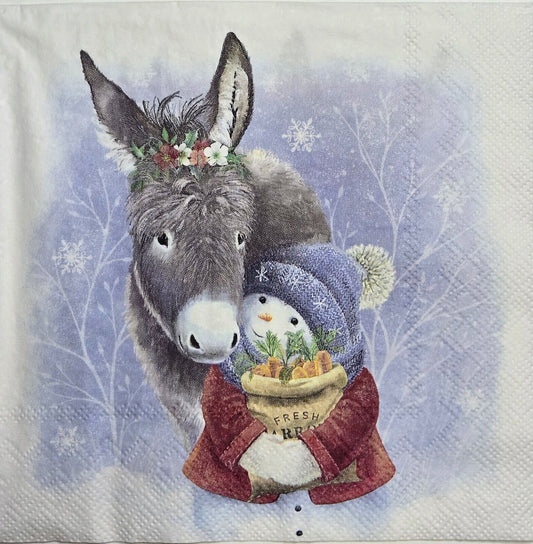 TWO Individual Paper Lunch Decoupage Napkins - 2594 Christmas Donkey and Snowman