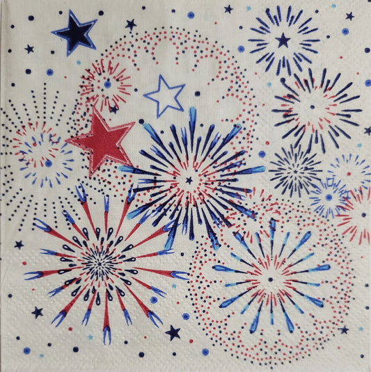 TWO Individual Paper Cocktail Decoupage Napkins - 2392 Red White Blue Fireworks