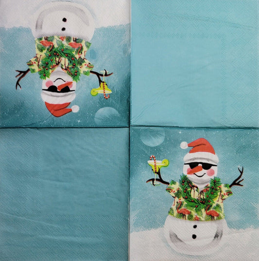 2 Individual Paper Cocktail Decoupage Napkins - 2556 Holiday Snowman w Cocktail