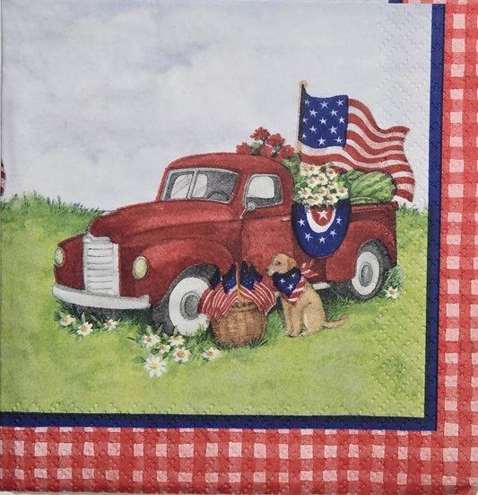 TWO Individual Paper Cocktail Decoupage Napkins - 2628 Patriotic Dog and Truck