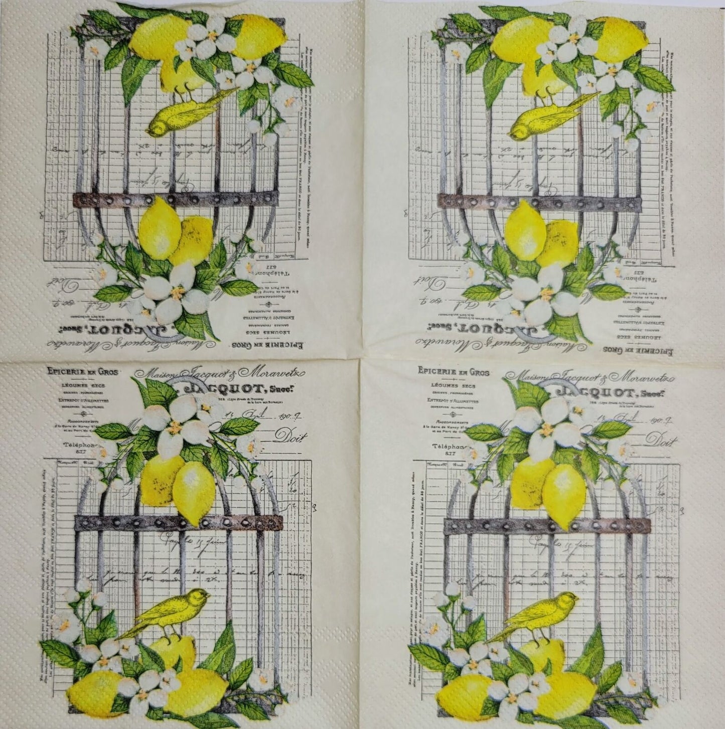 TWO Individual Paper Cocktail Decoupage Napkins - 2398 Lemon Birdcage w Script