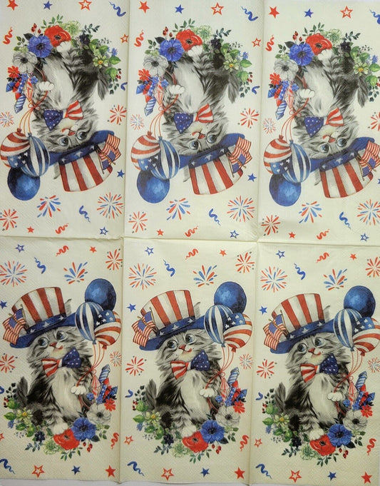 TWO Individual Paper Guest Decoupage Napkins - 2460 Patriotic Independence Kitty