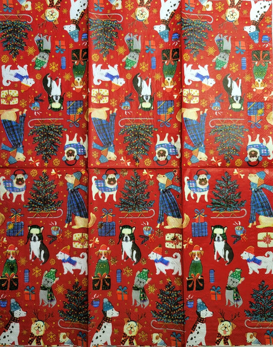 TWO Individual Paper Guest Decoupage Napkins - 2529 Red Christmas Dogs