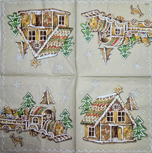 TWO Individual Paper Lunch Decoupage Napkins - 2595 Christmas Gingerbread House