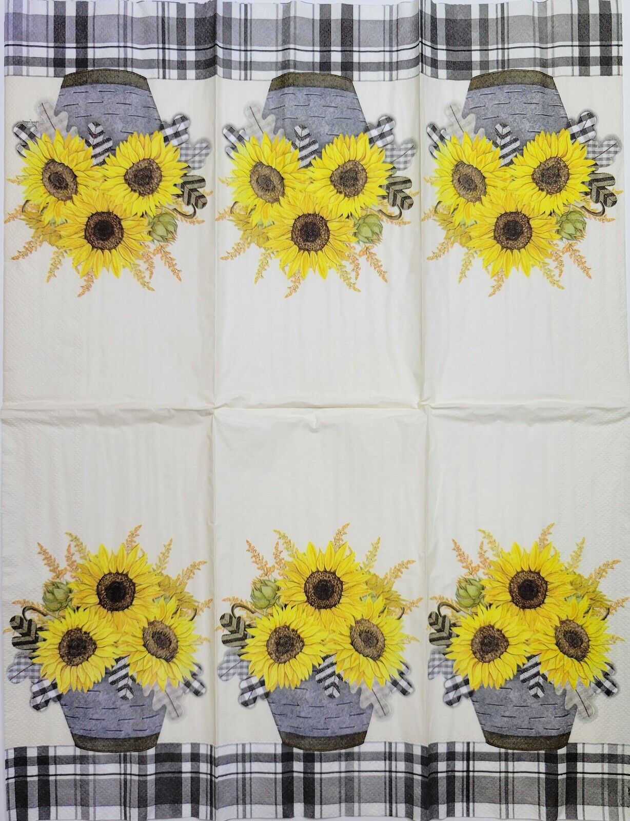 TWO Individual Paper Guest Decoupage Napkins - 2453 Gingham Potted Sunflowers